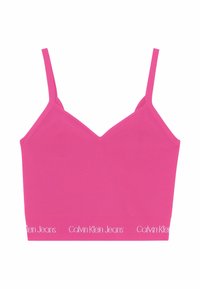 Rosa bralette med justerbara band, V-ringad design och elastiskt band med "Calvin Klein Jeans"-logotyp längs botten.