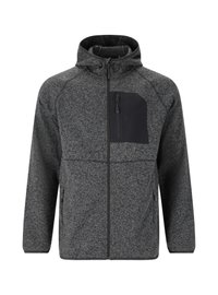 Giacca in pile grigia con una finitura strutturata, zip frontale e cappuccio. Presenta una tasca sul petto nera e due tasche laterali.