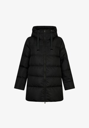 Cappotto imbottito nero con cappuccio, chiusura con zip e cordini elastici. Presenta un design testurizzato a quadri e maniche lunghe.