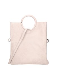 Borsa a tote beige chiaro realizzata in materiale morbido, con manico circolare, tracolla regolabile e design minimalista con lati piatti.