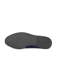 Sottopiede in gomma nera con superficie testurizzata e superiore in tessuto blu navy. Forma affusolata con bordo liscio.