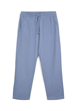Pantaloni azzurri chiari, di taglio largo, con vita elastica e coulisse, dotati di due tasche frontali e un tessuto liscio e strutturato.