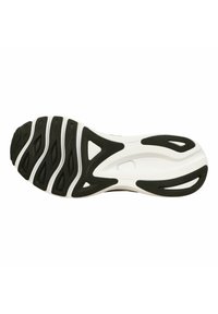 Sole di scarpa da ginnastica in bianco e nero con un design testurizzato, scanalature curve e ritagli per una migliore aderenza e flessibilità.