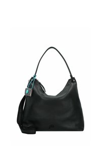 Borsa a mano nera in pelle con finitura texturizzata, forma curvata, manico corto e tracolla regolabile. Presenta un accento blu e una dettagliata logo.