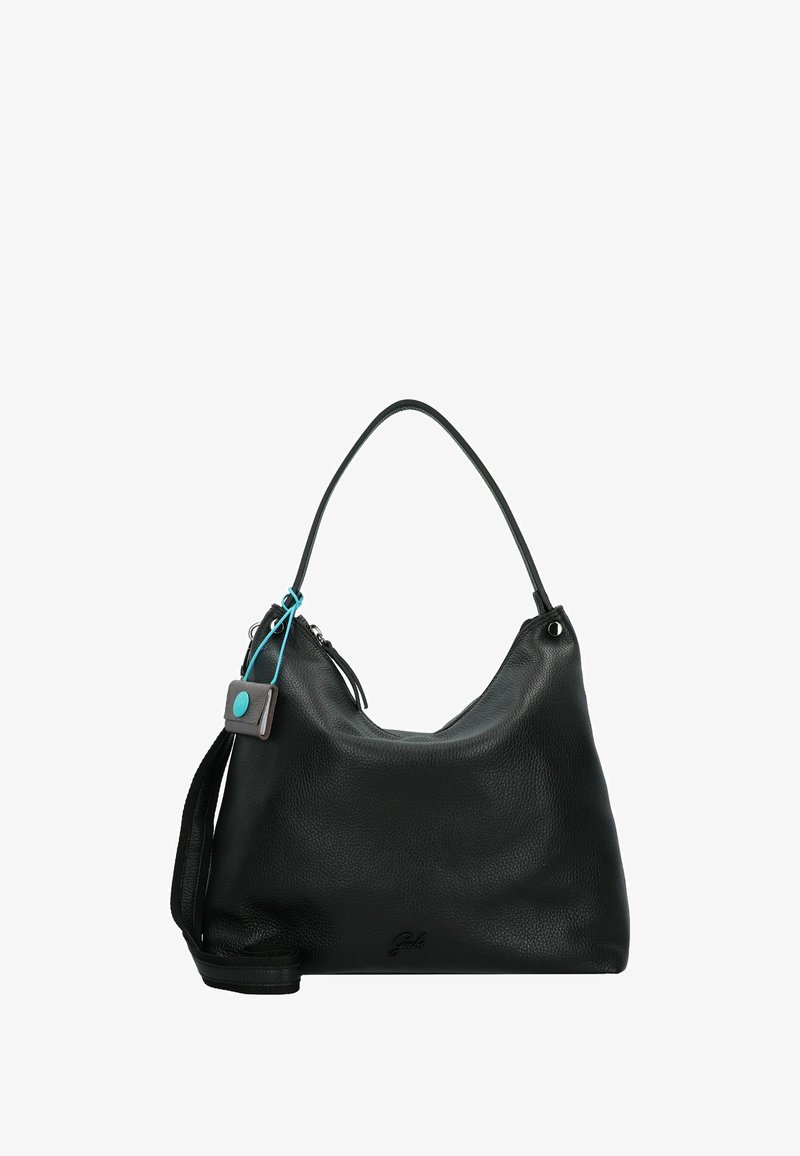 Borsa a mano nera in pelle con finitura texturizzata, forma curvata, manico corto e tracolla regolabile. Presenta un accento blu e una dettagliata logo.