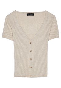 Beżowy, prążkowany top z krótkim rękawem, dekoltem w serek i sześcioma złotymi guzikami z przodu, wykonany z miękkiego dzianinowego materiału.
