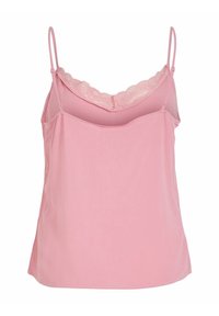Růžový top na ramínka s tenkými nastavitelnými popruhy, vrstvený design a vlnitý krajkový lem kolem výstřihu. Hladký materiál s volným střihem.
