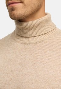 Beige turtleneck neulepaita, joka on valmistettu neulotusta kankaasta, jossa on korkea ribbinen kaulus ja pehmeä pinta, läheltä kaulaa lyhennetty.