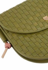 Borsa in pelle intessuta verde con una patta curvata, presenta un accento con logo dorato e un pomello in legno su un'anello rosa. Texture liscia.