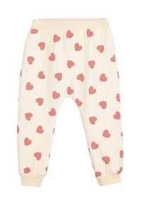 Cremefarbene Ripp-Hosen mit rosa Herzmustern. Verfügt über einen elastischen Bund und ein Bund mit Cuffs. Weiche Textur, die sich gut für die Freizeitkleidung eignet.