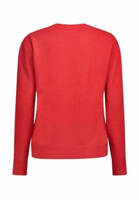 Langærmet rød strikket sweater med ribbede manchetter, kant og rund halsudskæring, vist fra ryggen på en hvid baggrund.