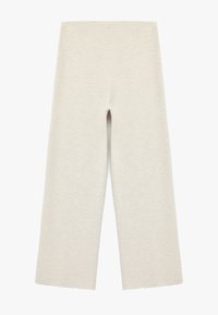 Bredde ben bukser i lys beige, lavet af blødt stof med en glat tekstur. Har højtalje og ingen synlige dekorationer.