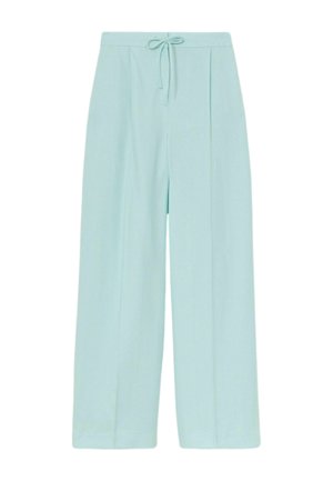 Lichtblauwe wijde broek met een strik aan de voorkant van de elastische taille, zonder zichtbare zakken of patronen, weergegeven op een witte achtergrond.