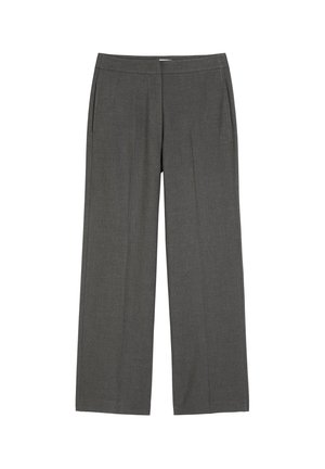 Graue maßgeschneiderte Hose mit weitem Bein, ausgestattet mit einer glatten Textur und Seitentaschen, entworfen für eine lockere Passform.