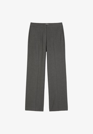 Gray tailored trousers with a wide leg design, featuring a smooth texture and side pockets, designed for a relaxed fit.