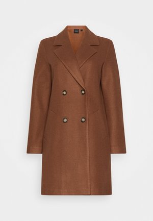 Abrigo marrón de mezcla de lana con doble botonadura, cuello con muesca, dos bolsillos delanteros y botones grandes, con una silueta elegante y entallada.