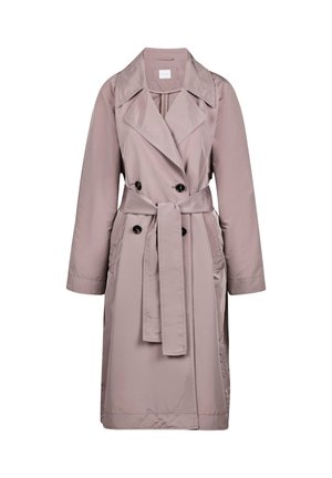 Lichtroze trenchcoat van zachte stof, met een dubbelzijdig ontwerp, grote revers, taillekoord en zijzakken.