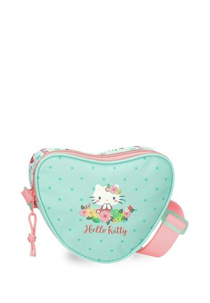 Bolso azul claro en forma de corazón con lunares rosas, gráfico de Hello Kitty, diseño de flores y correa y cremallera ajustables rosas.