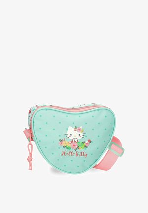 Bolso azul claro en forma de corazón con lunares rosas, gráfico de Hello Kitty, diseño de flores y correa y cremallera ajustables rosas.