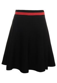 Black skater skirt with a red accent band at the waist, made of soft fabric, featuring a flared design and a smooth texture.