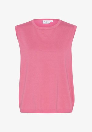 Ružový bezrukávový top vyrobený z jemného úpletu. Má okrúhly výstrih a voľný strih, s jemnou textúrou a jednoliatej farbe.