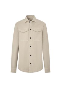 Beige Hemd mit langen Ärmeln, zwei vorderen Taschen und schwarzen Knöpfen. Aus Baumwolle gefertigt, mit einem klassischen Kragen und einer glatten Textur.