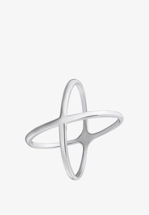 Eleganter silberner Ring mit einem abstrakten, geschwungenen Design, das ineinander verwobene Bänder und eine glatte, polierte Oberfläche aufweist. Leicht und zart im Aussehen.