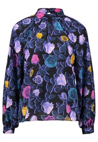 Blouse à manches longues en tissu noir à motif floral avec des roses violettes, roses, jaunes et turquoise. Col montant avec détail froncé.