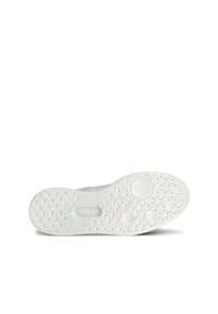 Valkoinen kumipohja Ecco-kengässä, jossa on teksturoitu kuvio, jossa on kuusikulmaisia muotoja ja pyöreitä yksityiskohtia. Koko 39 merkitty sivuun.