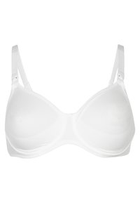 White padded bra with adjustable straps, seamless design, and smooth texture. Features a central band and no visible hardware accents.