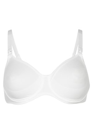 Soutien-gorge blanc rembourré avec bretelles ajustables, conception sans coutures et texture lisse. Présente une bande centrale et aucun accent matériel visible.