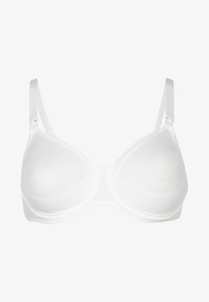 Soutien-gorge blanc rembourré avec bretelles ajustables, conception sans coutures et texture lisse. Présente une bande centrale et aucun accent matériel visible.