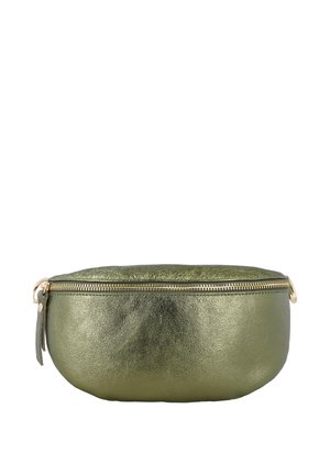 Pequeña bolsa de cuero verde oliva metálico con cremallera dorada y forma redondeada sobre un fondo blanco.