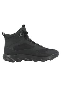 Stivali da trekking neri con un upper in materiali misti, pannelli in mesh testurizzati e una suola spessa e robusta con ganci pronunciati per una presa ottimale.