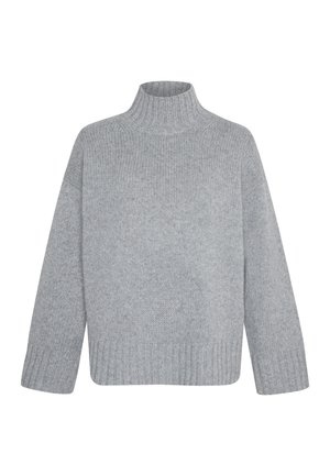 Heller grauer Strickpullover mit hohem Kragen und lockerer Passform. Verfügt über gerippte Bündchen und Saum, die eine weiche Textur und eine kastige Form betonen.