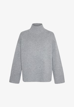 Heller grauer Strickpullover mit hohem Kragen und lockerer Passform. Verfügt über gerippte Bündchen und Saum, die eine weiche Textur und eine kastige Form betonen.