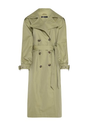 Olivgrüner Trenchcoat aus leichtem Stoff, mit einer doppelt knöpfbaren Front, großem Kragen, Gürtel und elastischen Ärmelbündchen.