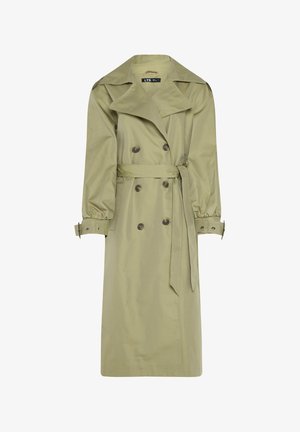 Olivgrüner Trenchcoat aus leichtem Stoff, mit einer doppelt knöpfbaren Front, großem Kragen, Gürtel und elastischen Ärmelbündchen.
