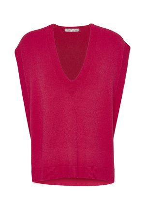 Pull sans manches en V de couleur rose vif, confectionné en maille douce. Présente des bords côtelés au bas et aux emmanchures.