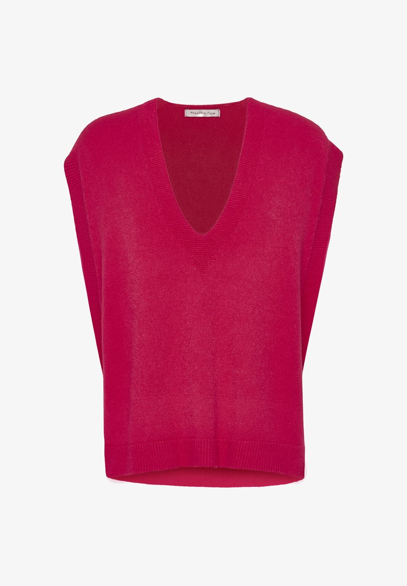 Pull sans manches en V de couleur rose vif, confectionné en maille douce. Présente des bords côtelés au bas et aux emmanchures.