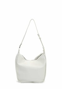 Borsa a spalla in pelle bianca con una forma liscia e arrotondata, una singola tracolla regolabile e una chiusura superiore con zip. Dettagli cuciti sottili.