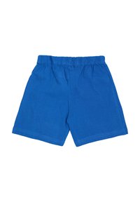 Blue cotton elastic waistband shorts, knee-length, with double-stitched hems, laid flat on white background.