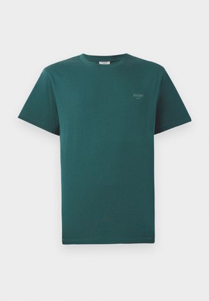 T-shirt de algodão em azul-teal com mangas curtas, gola redonda, e um pequeno logotipo "JOOP!" impresso numa tonalidade mais clara na parte da frente.