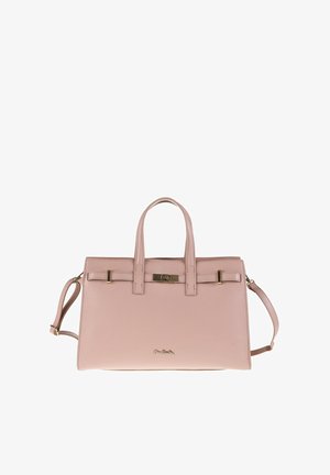 Sac à main en cuir rose clair avec poignées supérieures, bandoulière amovible, fermoir en métal doré et petit logo au centre avant.