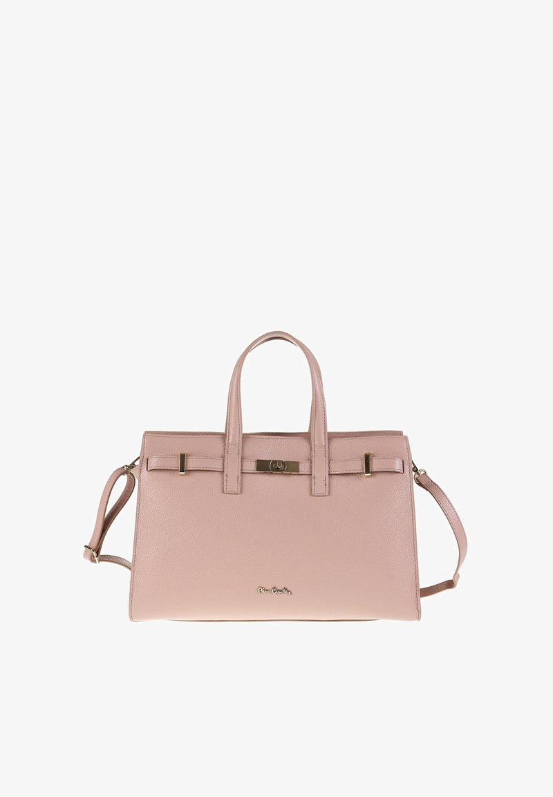 Borsa a mano in pelle rosa chiaro con manici superiori, tracolla rimovibile, chiusura in tonalità dorata e piccolo logo al centro anteriore.