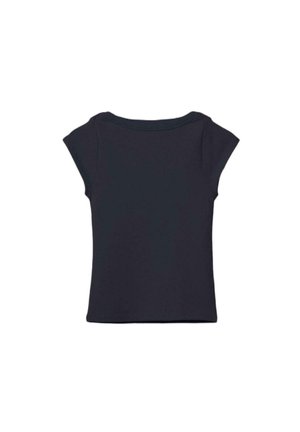 Schwarzes, kurzärmeliges, tailliertes Damen-T-Shirt mit Rundhalsausschnitt, von hinten auf weißem Hintergrund gezeigt.