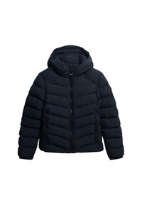 Donkerblauwe gewatteerde jas met capuchon, voorzien van een voorzipper en twee zijzakken met rits, gestikt met een chevronpatroon.