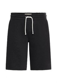 Pantalones cortos negros con cintura ajustable, hechos de una tela suave. Presentan un diseño sencillo con dobladillos cosidos y sin bolsillos.