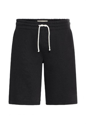 Juodi šortai su raišteliu juosmens srityje, pagaminti iš švelnaus audinio. Turi paprastą dizainą su siūtomis kraštinėmis ir be kišenių.