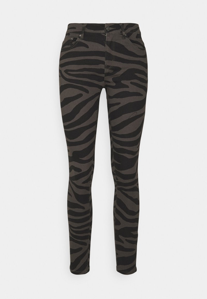 Pantalon skinny rayé zèbre noir et gris avec poches avant et passants de ceinture, présenté sur un fond clair uni.
